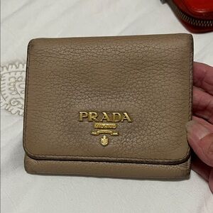 Authentic Prada Beige Leather Wallet with Gold Logo